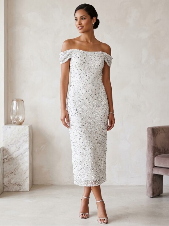 Adrianna Papell Dresses & Skirts - Adrianna Papell Silver-Embellished White Strapless Sequin Dress 14
